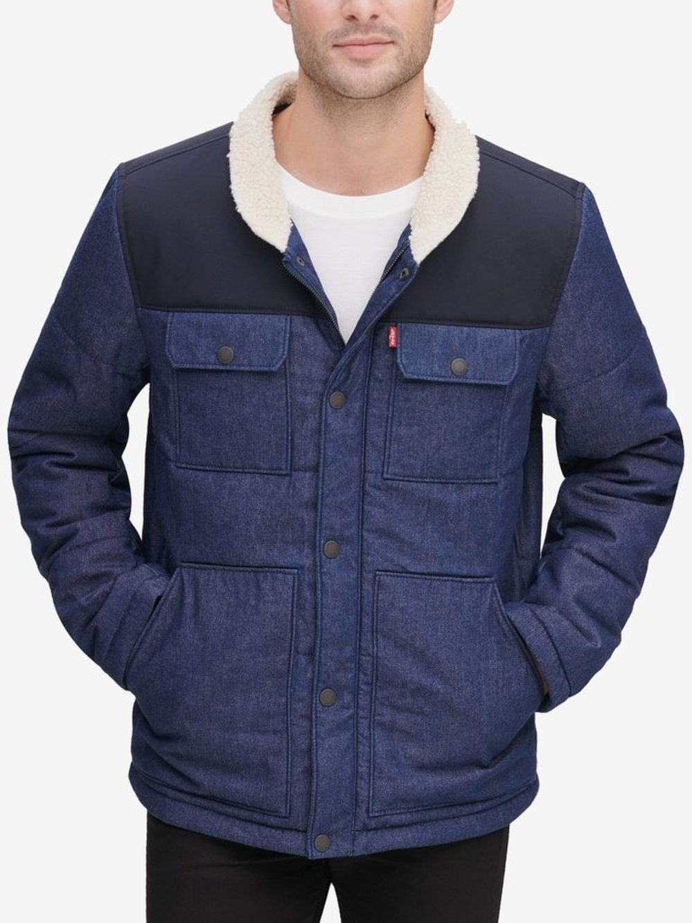 Levis Jeans Ultra Loft Sherpa Collar Mens Jacket Sz Large Denim Look Quilted